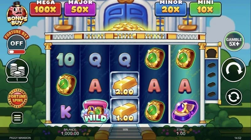 Piggy Mansion - layar permainan dengan grid 5x3 dan simbol uang tunai